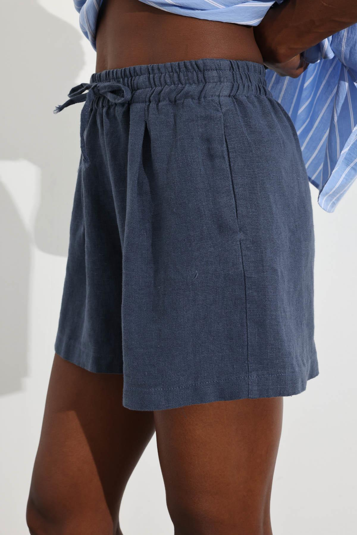 indigo Beli Lastikli Keten Şort 4136