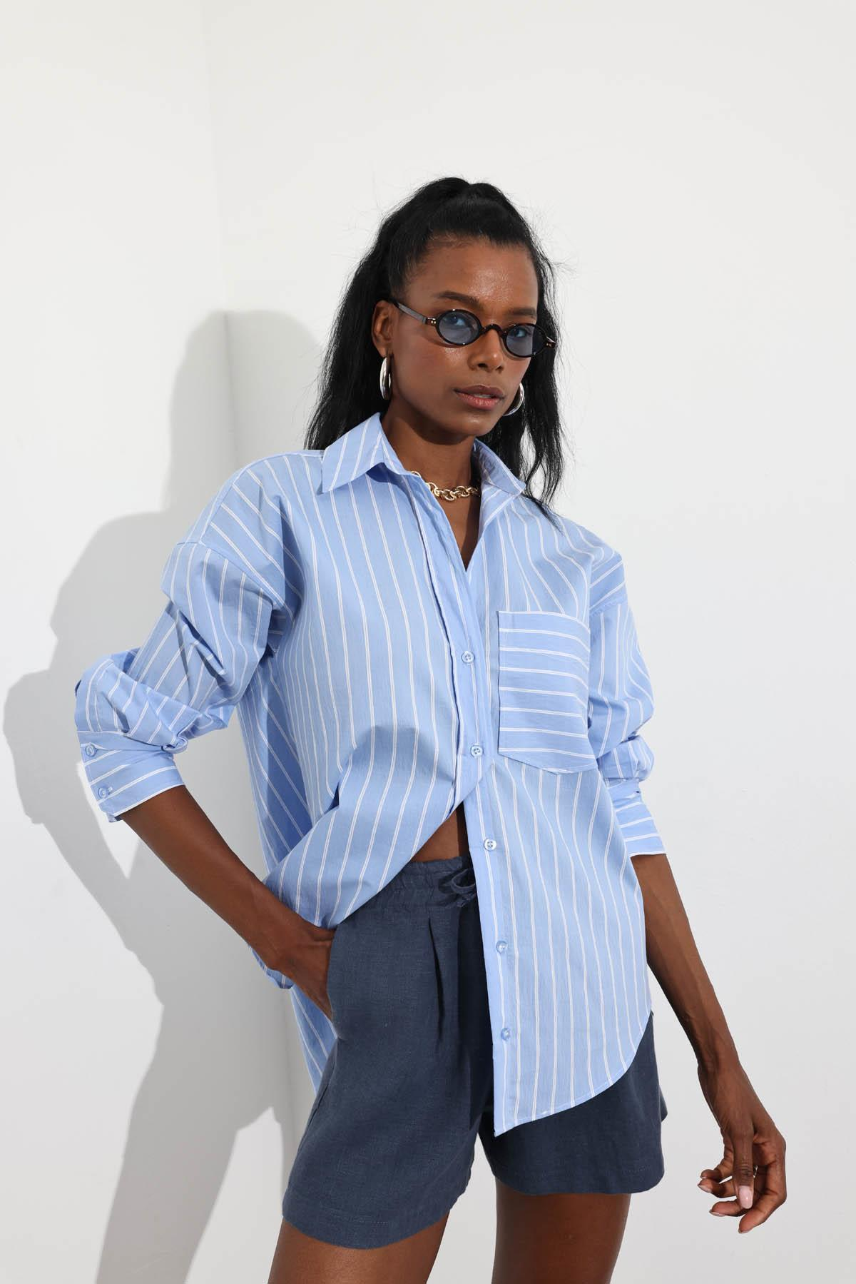 indigo Beli Lastikli Keten Şort 4136