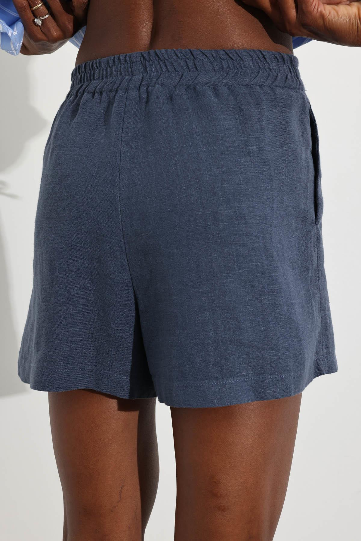 indigo Beli Lastikli Keten Şort 4136