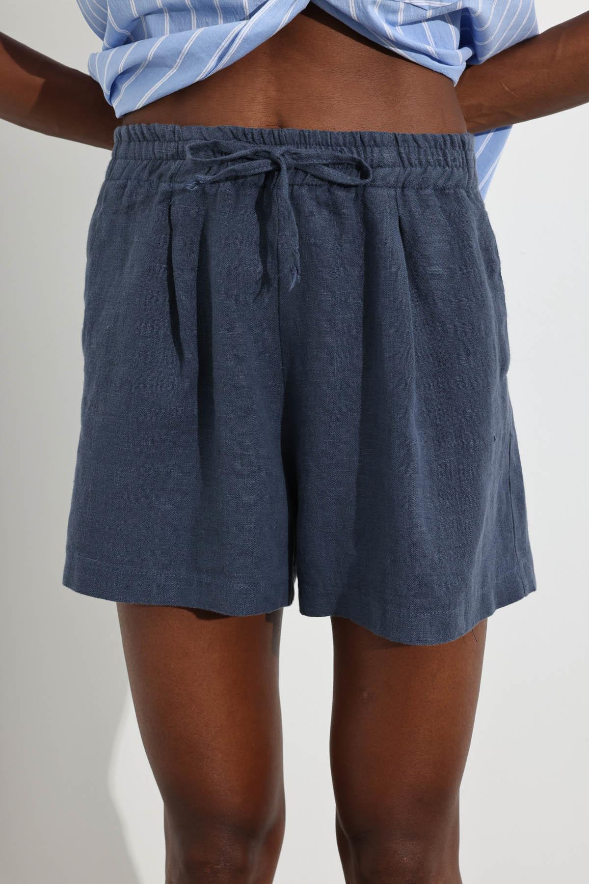 indigo Beli Lastikli Keten Şort 4136