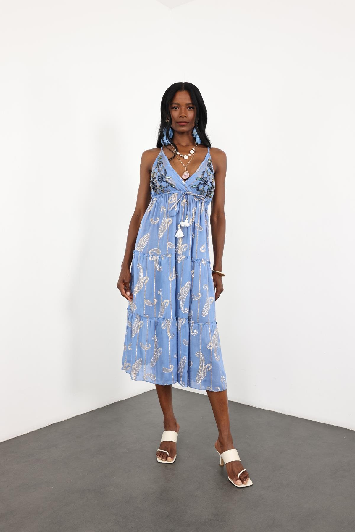 indigo Boncuk İşlemeli İthal Elbise M38172