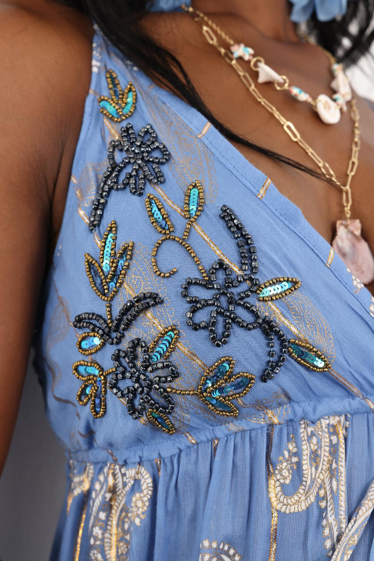 indigo Boncuk İşlemeli İthal Elbise M38172