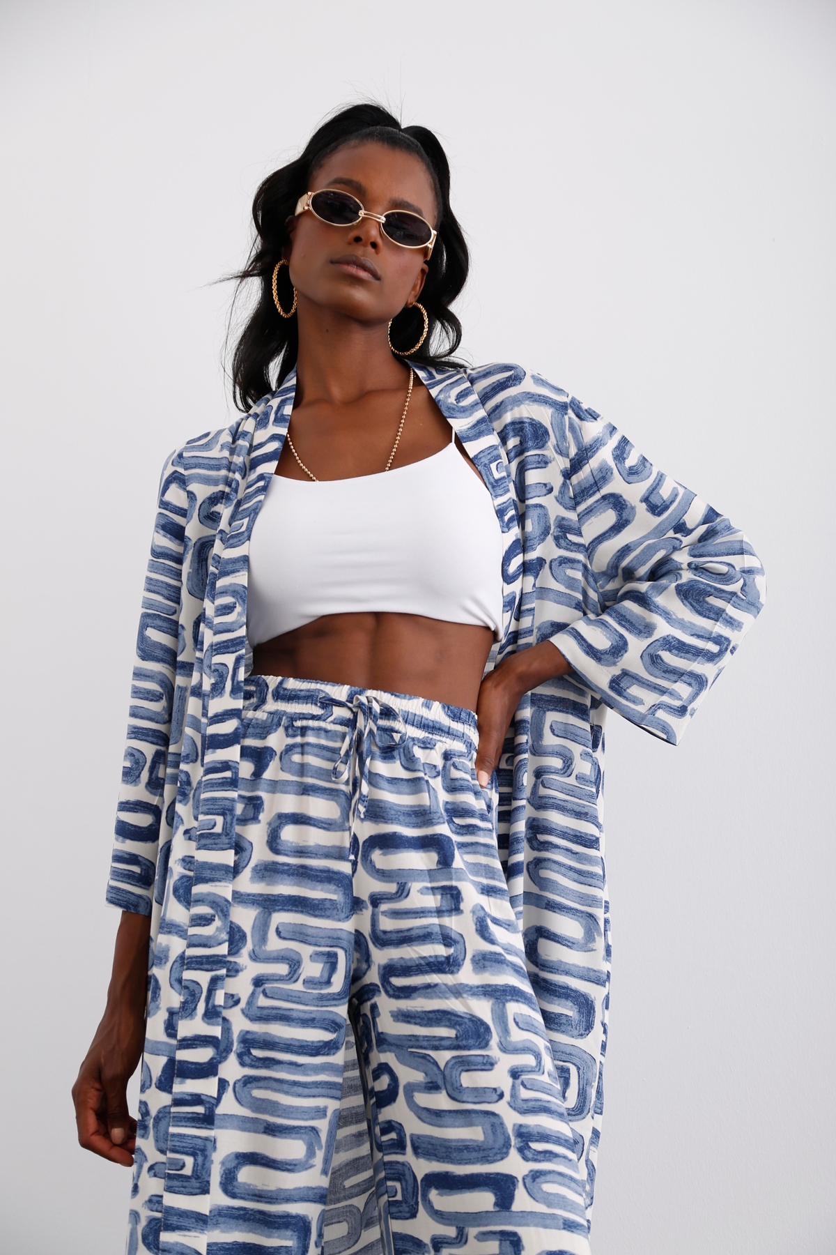 indigo Desenli Kimono Takım 96067