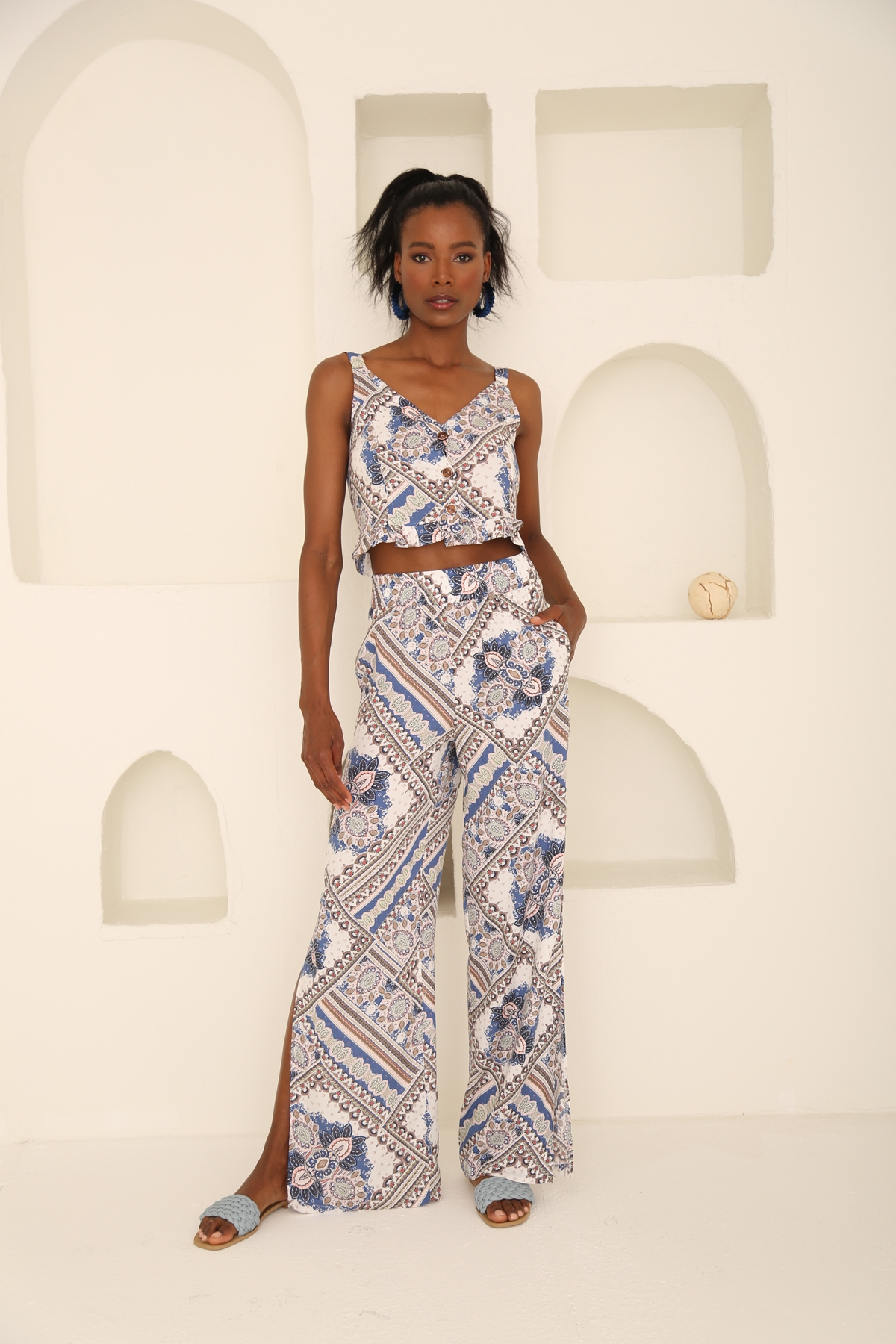 indigo Etnik Desen Crop Takım 95029