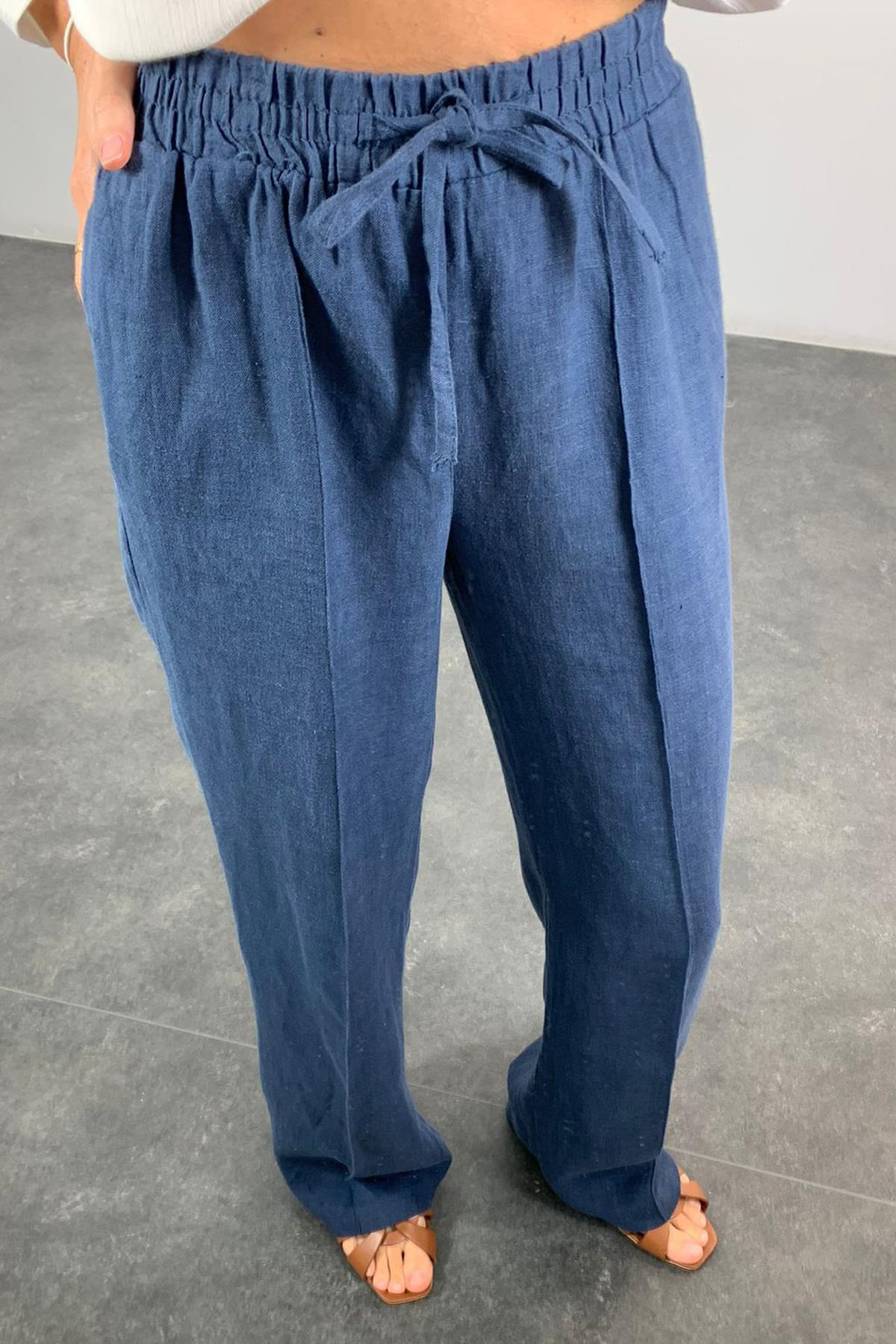 indigo Önden Dikişli Keten Pantolon 1497