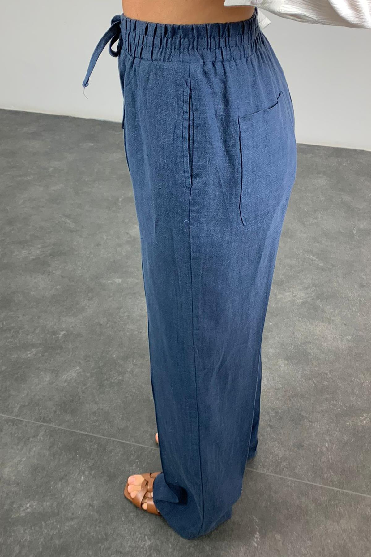 indigo Önden Dikişli Keten Pantolon 1497
