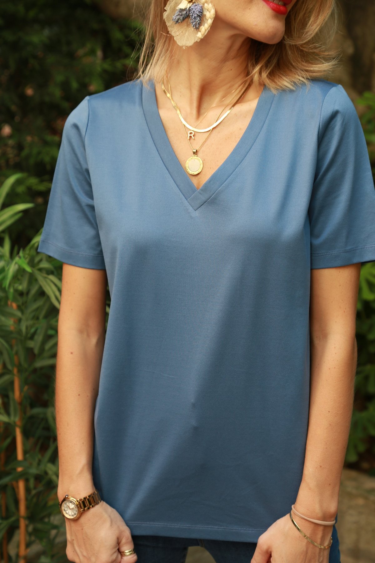 indigo Organik V Yaka Tshirt