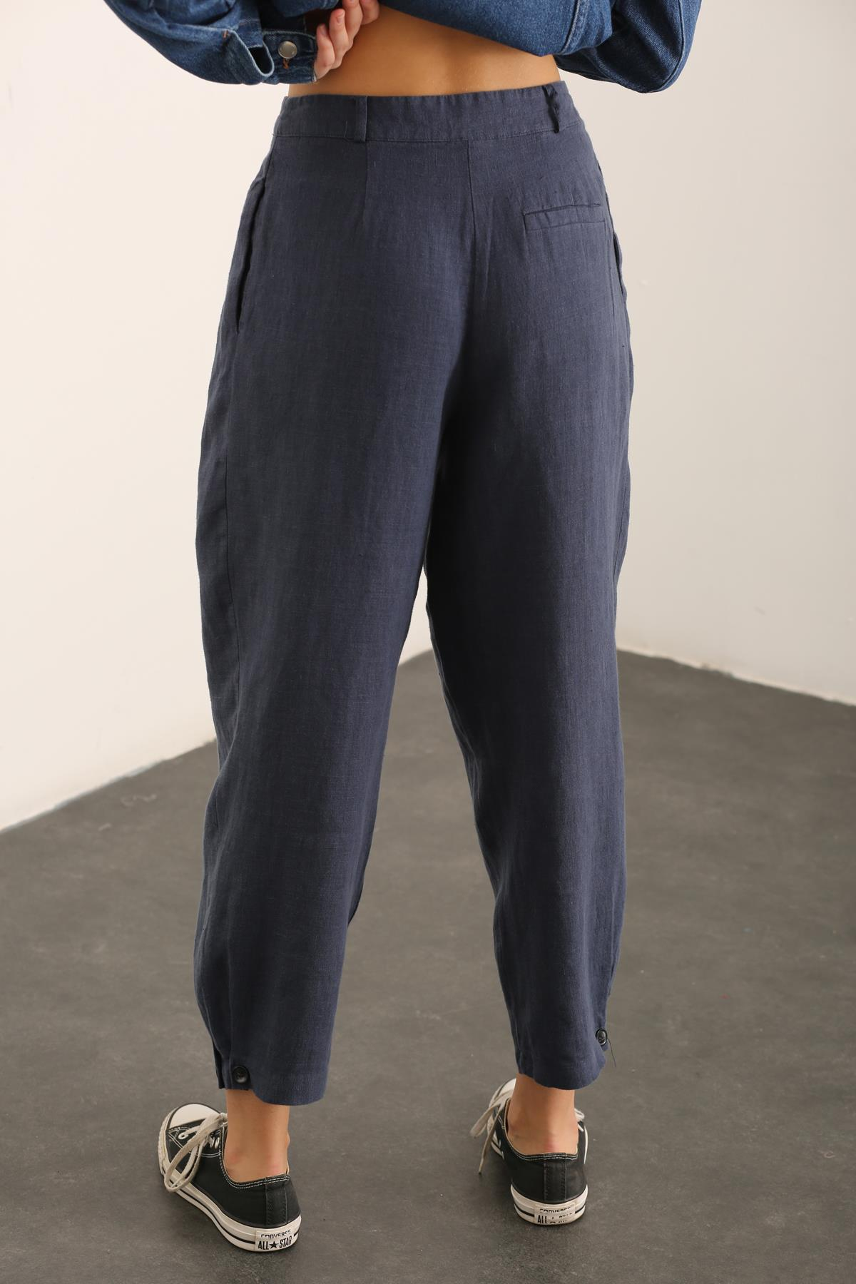 indigo Paçası Düğmeli Keten Pantolon 1465