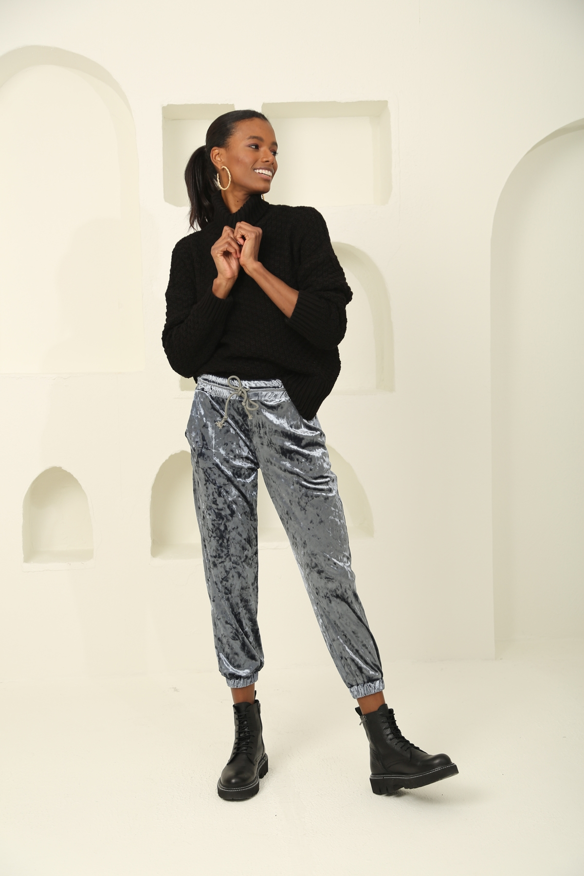 indigo Parlak Kadife Jogger Eşofman 2148