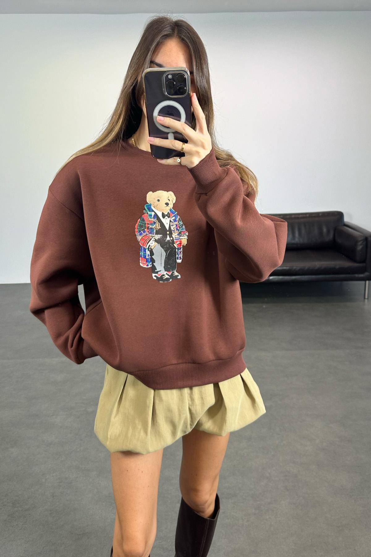 Kahverengi Ayıcık Baskılı Sweatshirt 110031