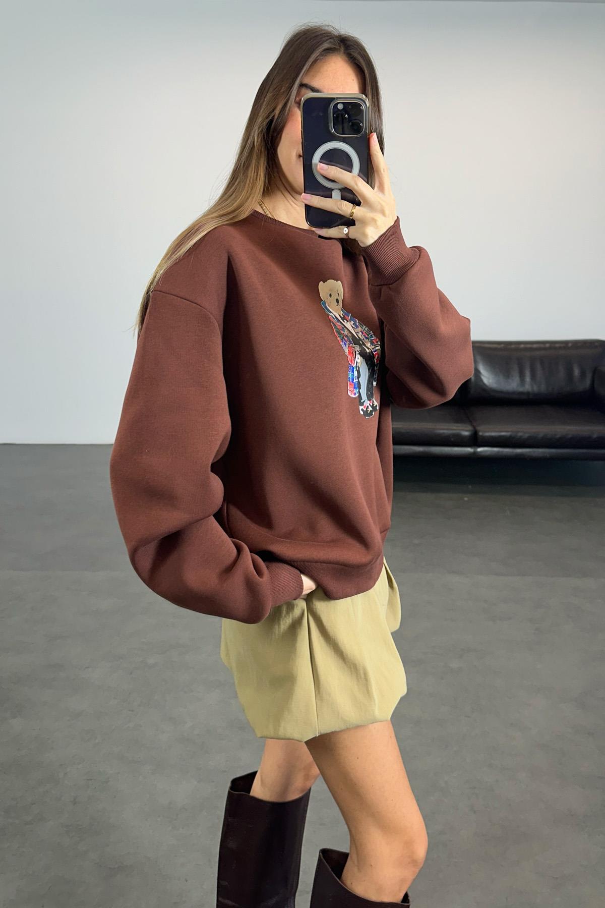 Kahverengi Ayıcık Baskılı Sweatshirt 110031