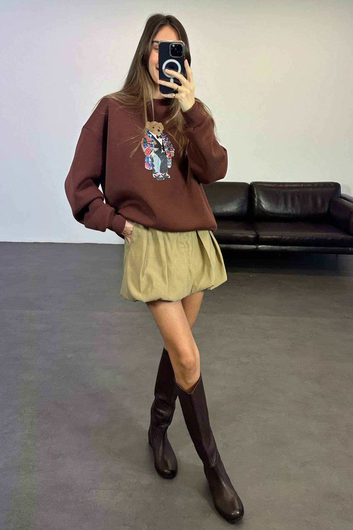 Kahverengi Ayıcık Baskılı Sweatshirt 110031