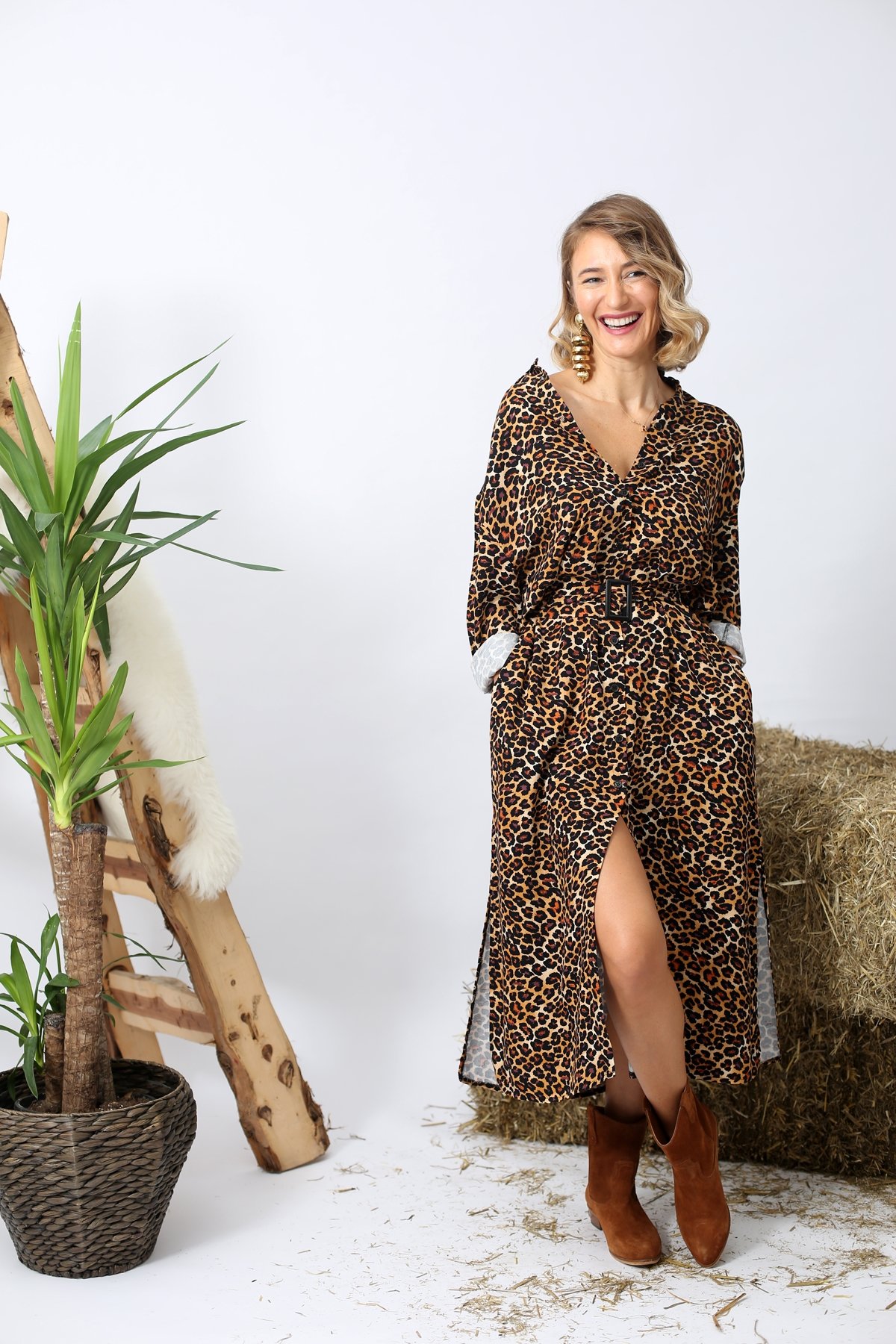 Kahverengi Beli Kemerli Maxi Leopar Elbise