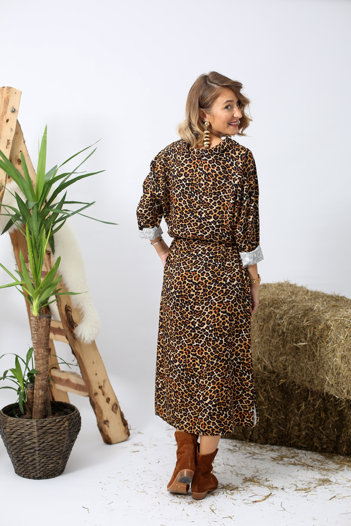 Kahverengi Beli Kemerli Maxi Leopar Elbise