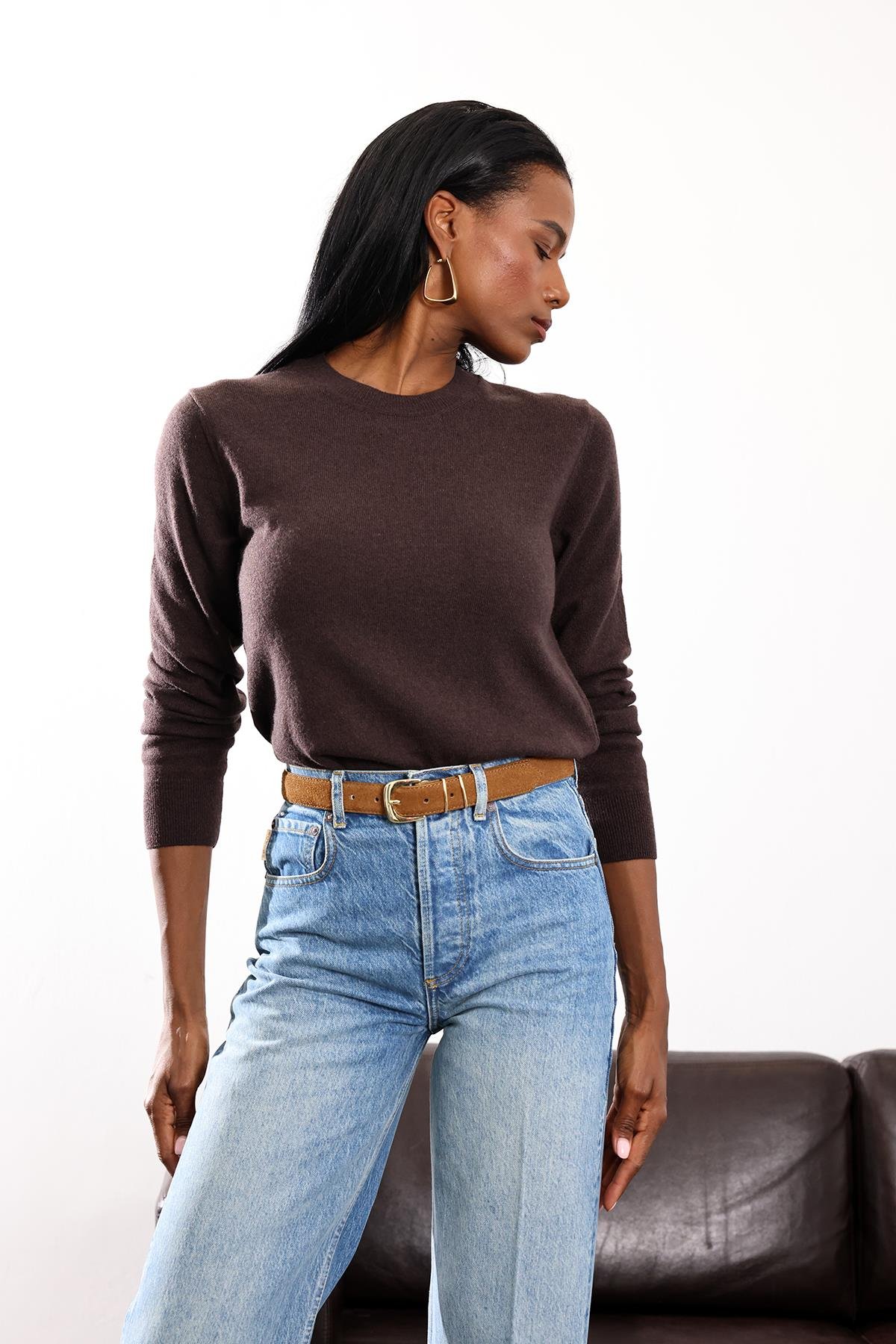 Kahverengi Bisiklet Yaka Kaşmir Basic Triko 