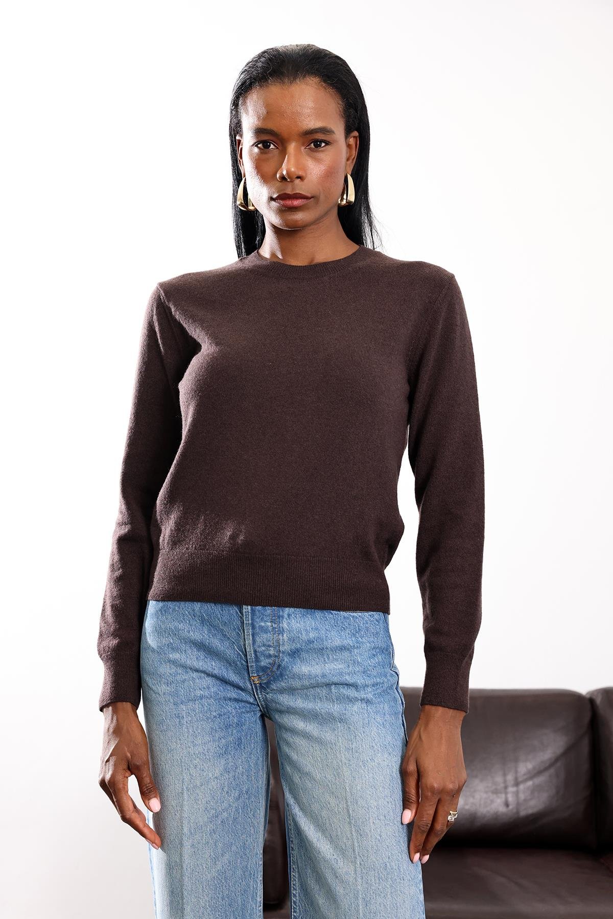 Kahverengi Bisiklet Yaka Kaşmir Basic Triko 