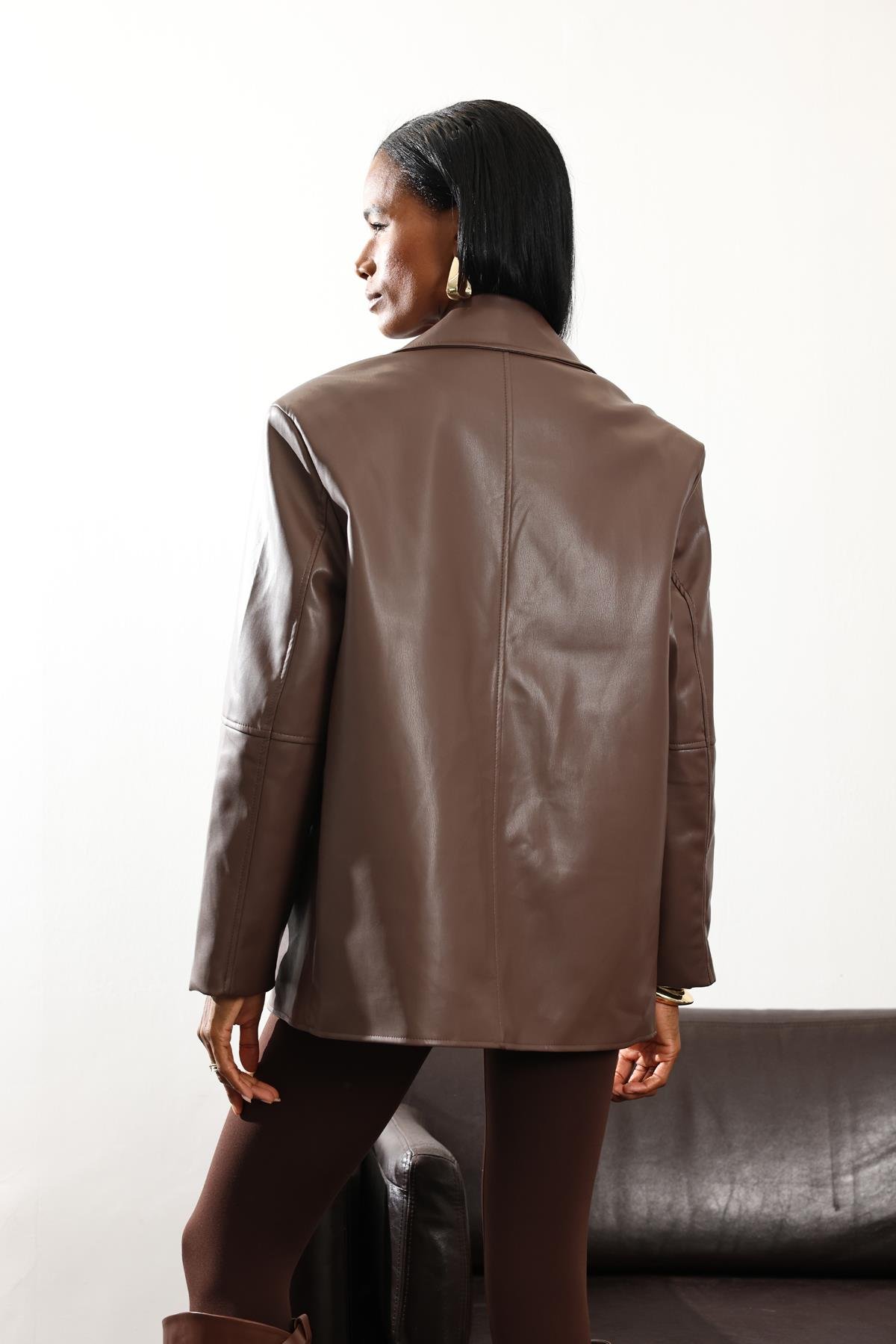 Kahverengi Deri Blazer Ceket 0554