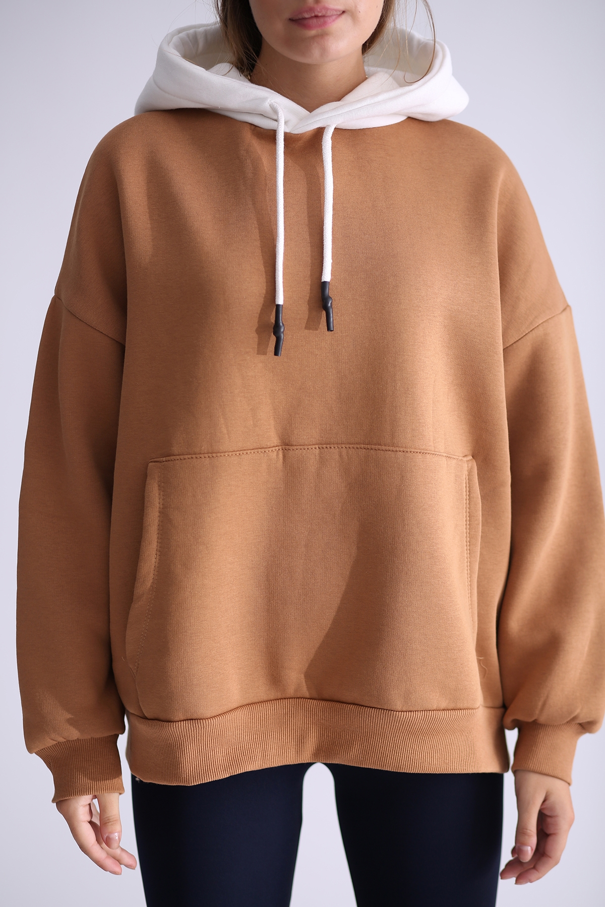 Kahverengi Garnili Kapüşonlu Sweatshirt 4455