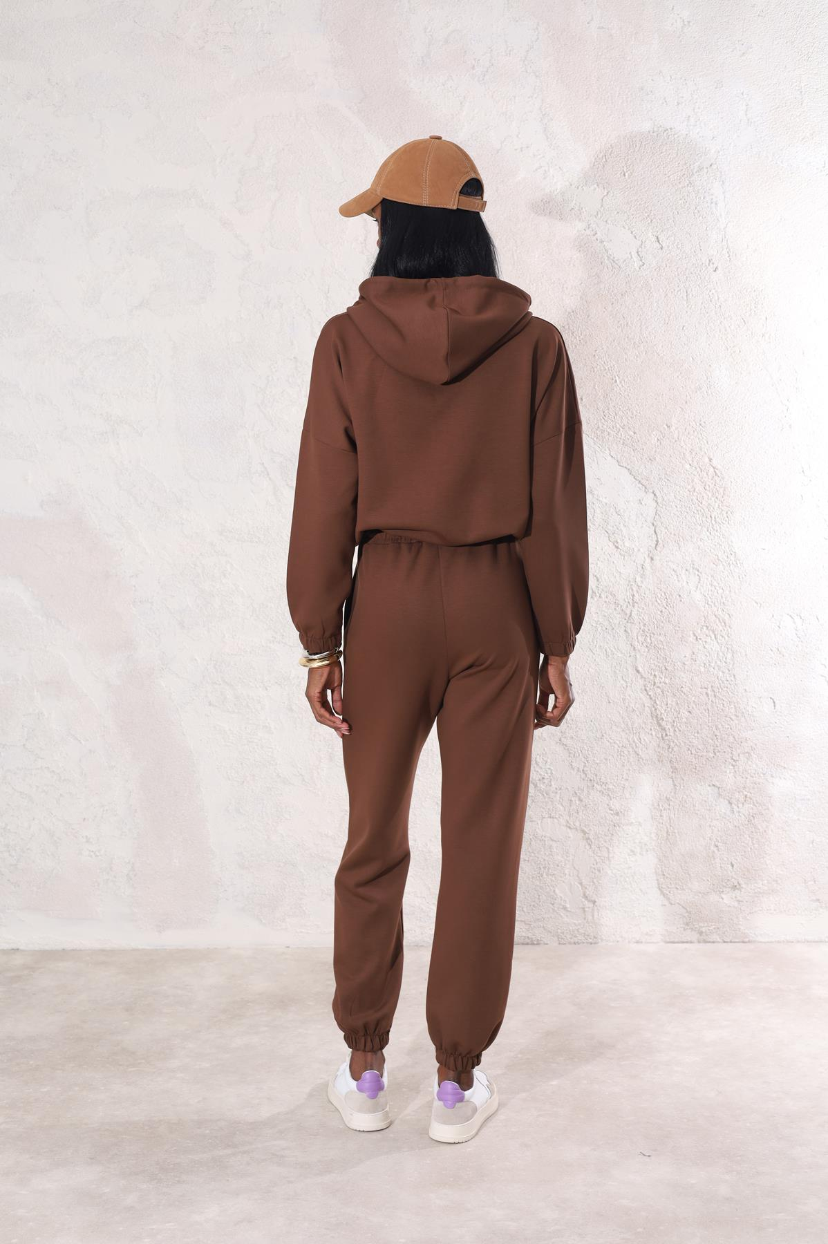 Kahverengi Kapak Cepli Sweatshirt Eşofman Takım 98619