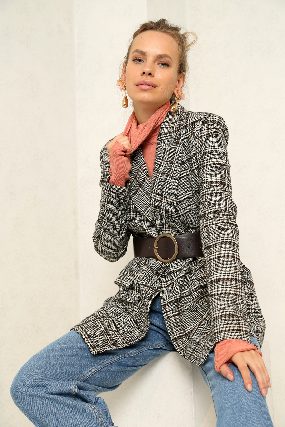 Kahverengi Kazayağı Desenli Blazer Ceket