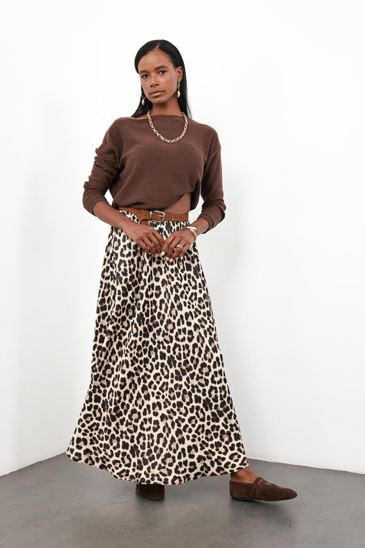Kahverengi Leopar Maxi Saten Etek 50208