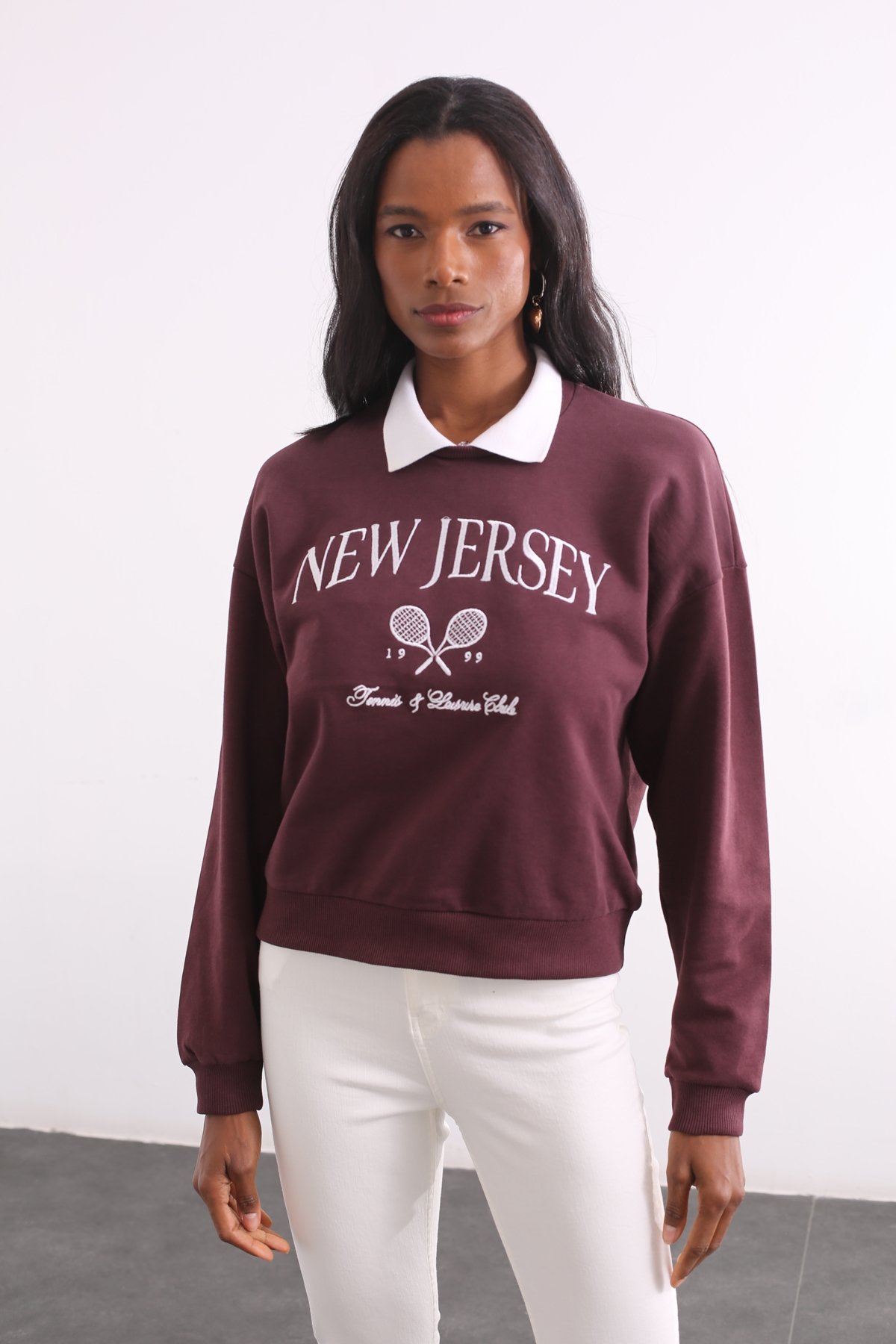 Kahverengi New Jersey Nakışlı Sweatshirt 