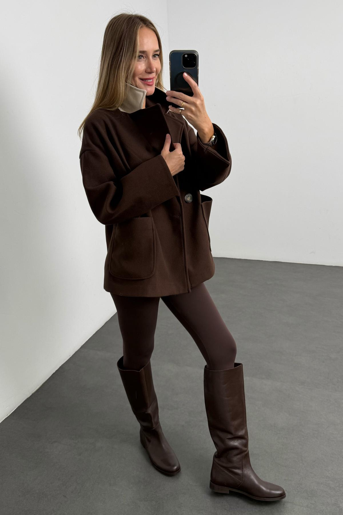 Kahverengi Oversize Kaşe Palto 