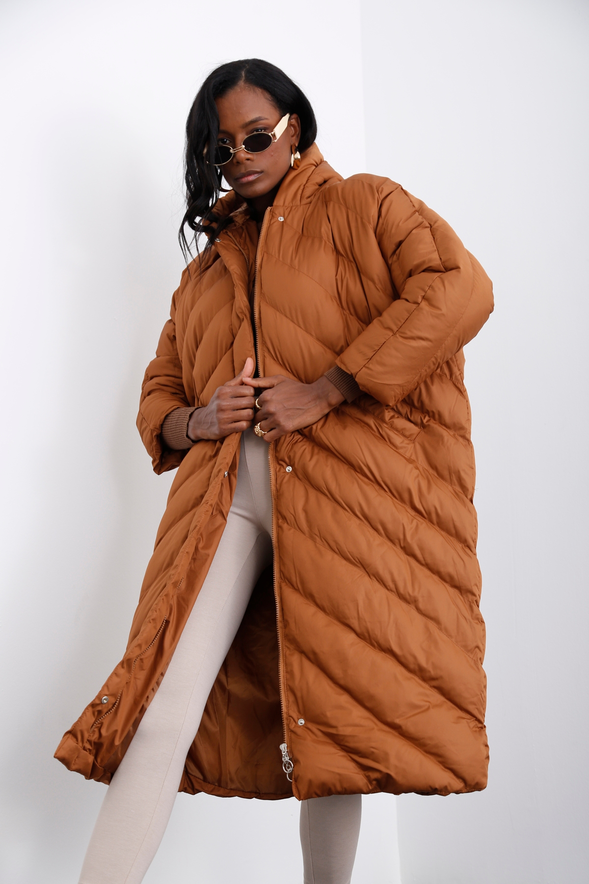 Kahverengi Oversize Şişme Mont D89609
