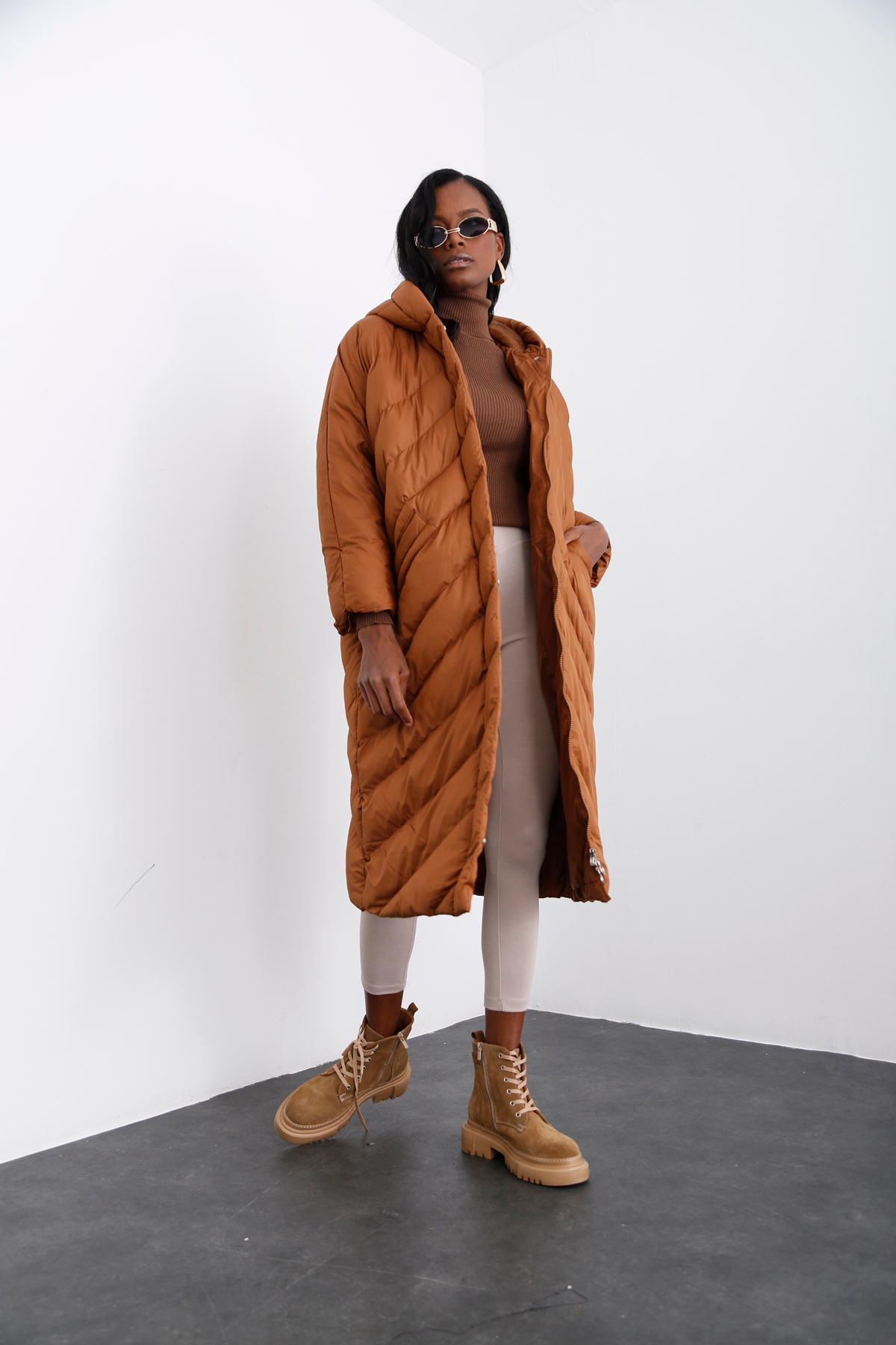 Kahverengi Oversize Şişme Mont D89609