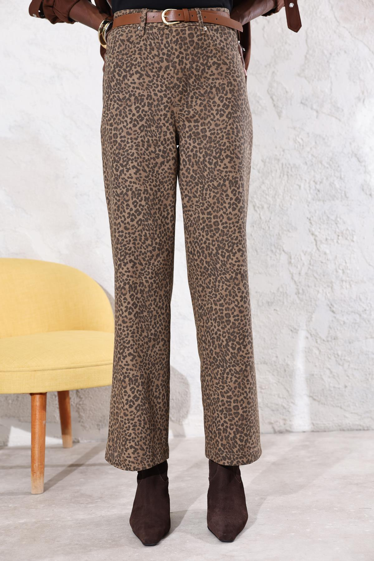 Kahverengi Yüksek Bel Kemerli Leopar Desen Jean 35312