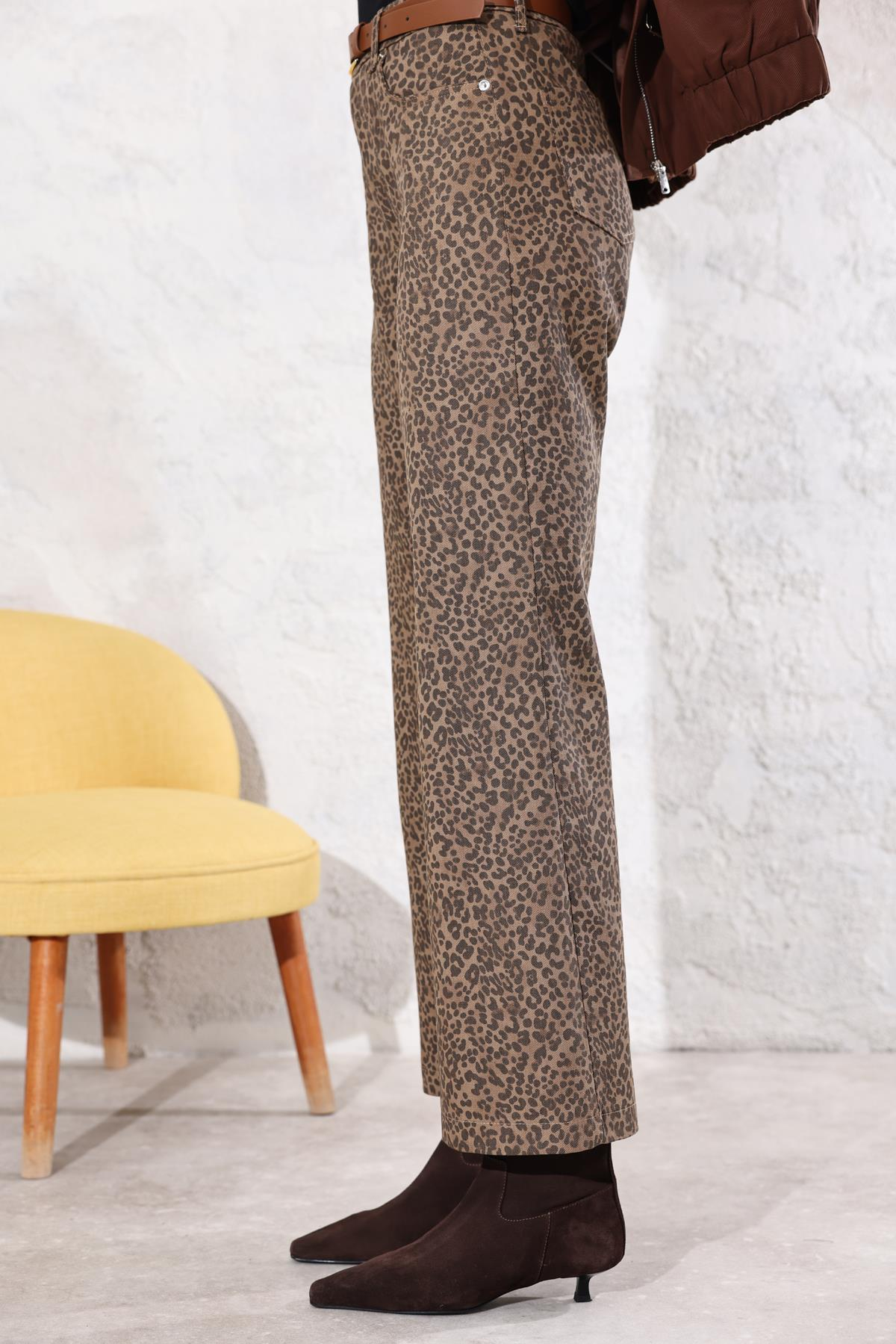 Kahverengi Yüksek Bel Kemerli Leopar Desen Jean 35312