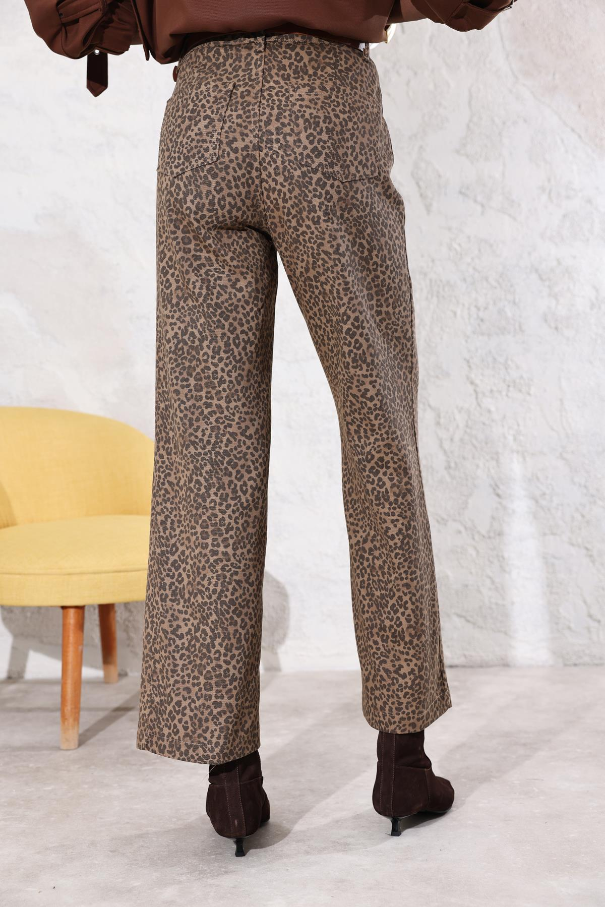 Kahverengi Yüksek Bel Kemerli Leopar Desen Jean 35312
