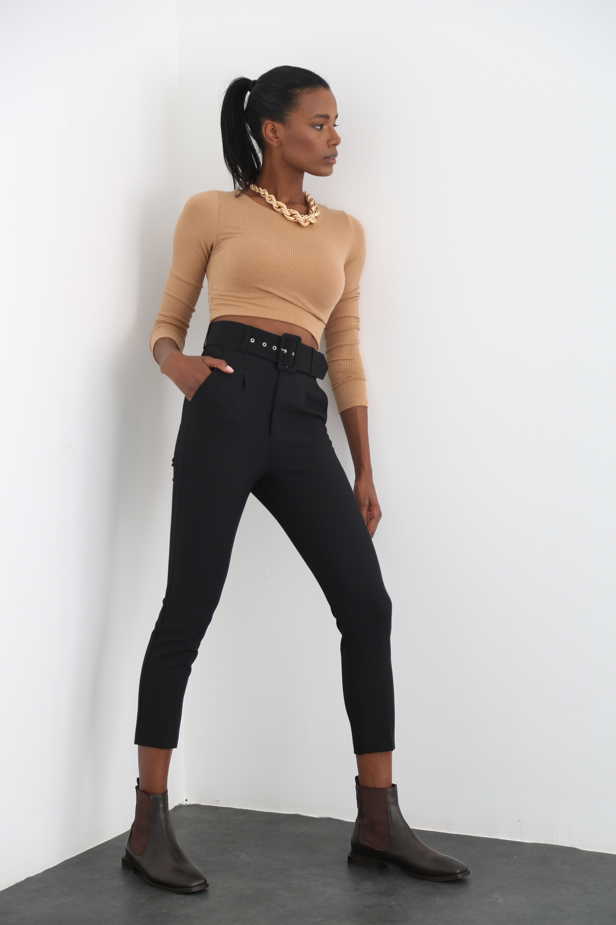 Karamel Uzun Kol Fitilli Kısa Crop 3358