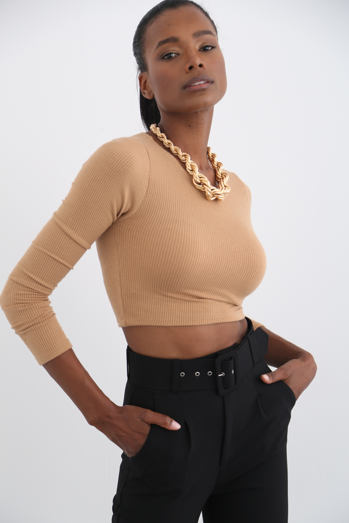 Karamel Uzun Kol Fitilli Kısa Crop 3358