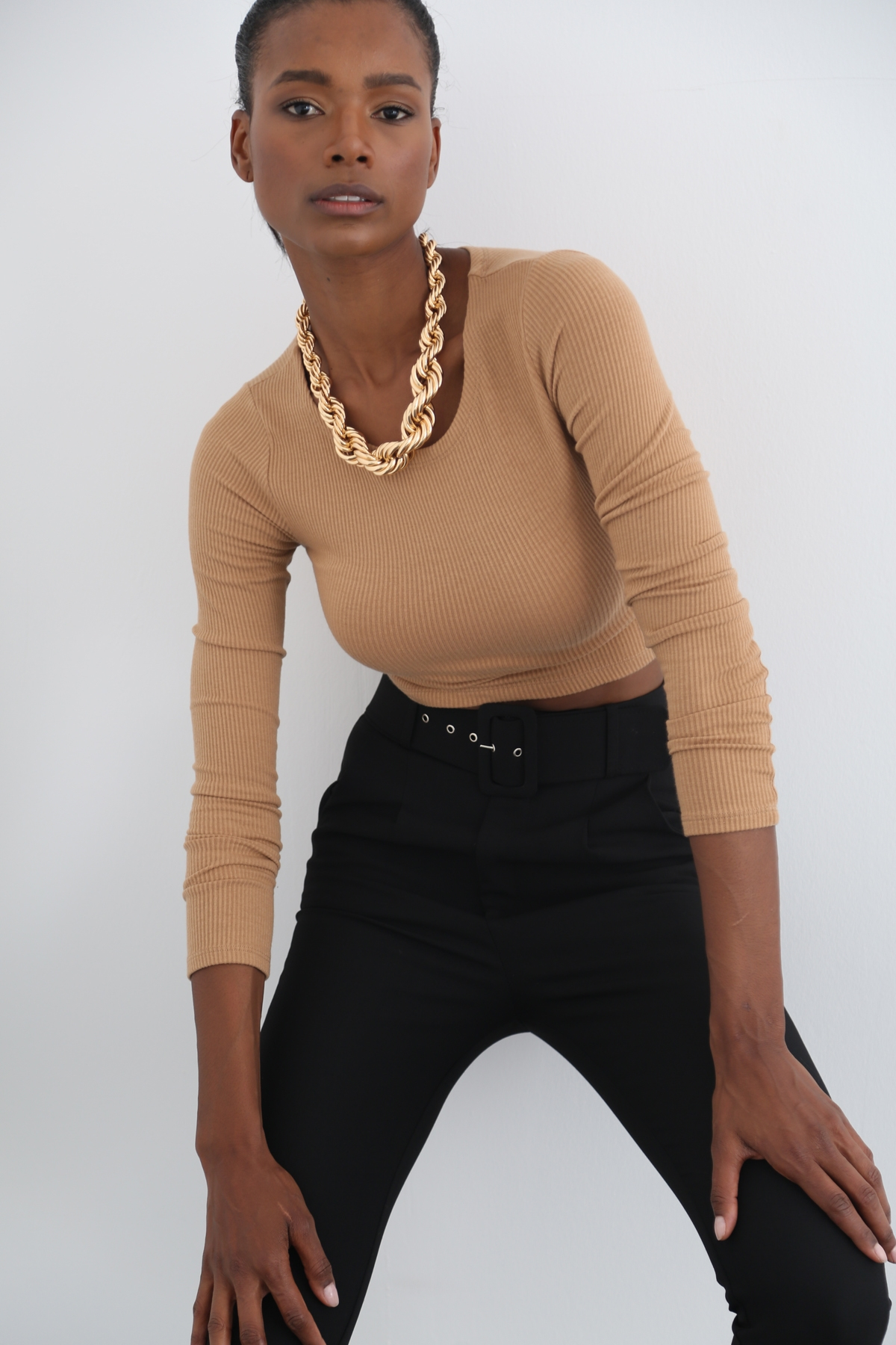 Karamel Uzun Kol Fitilli Kısa Crop 3358