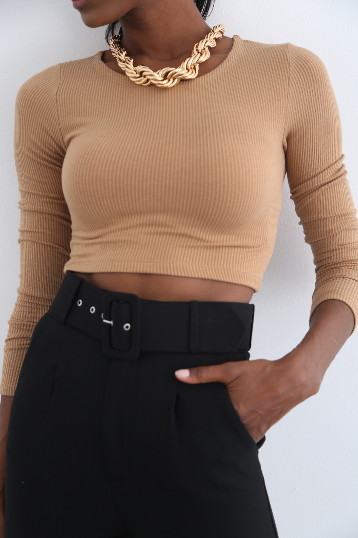 Karamel Uzun Kol Fitilli Kısa Crop 3358