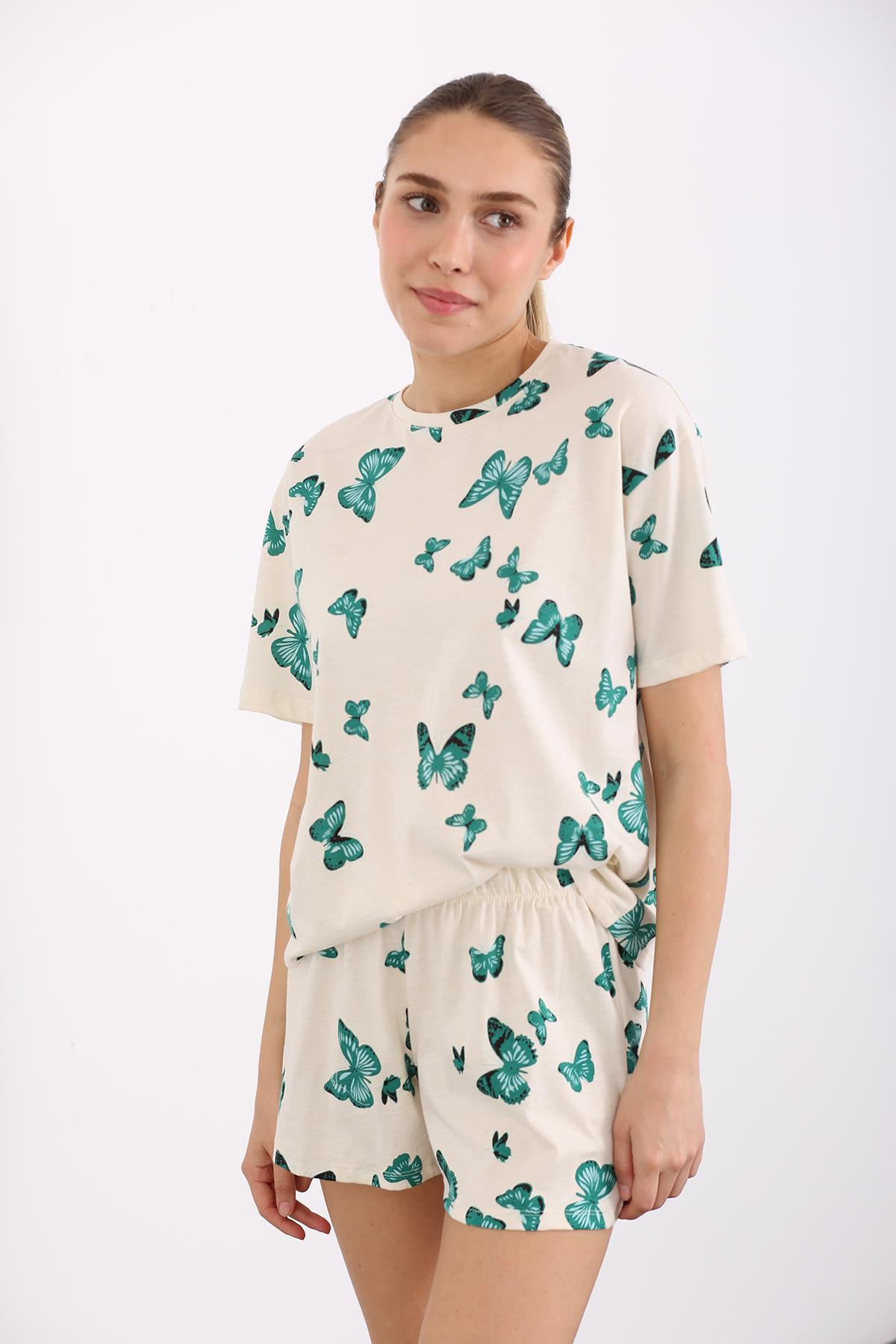 Kemik Kelebek Desenli Şortlu Pijama Takım 