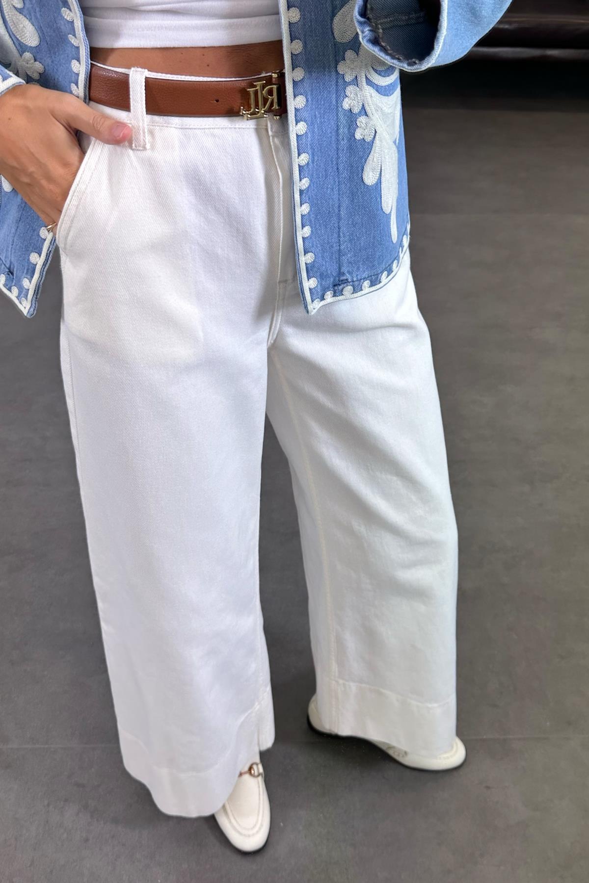 Kemik Yüksek Bel Kemerli Geniş Paçalı Jean 40210