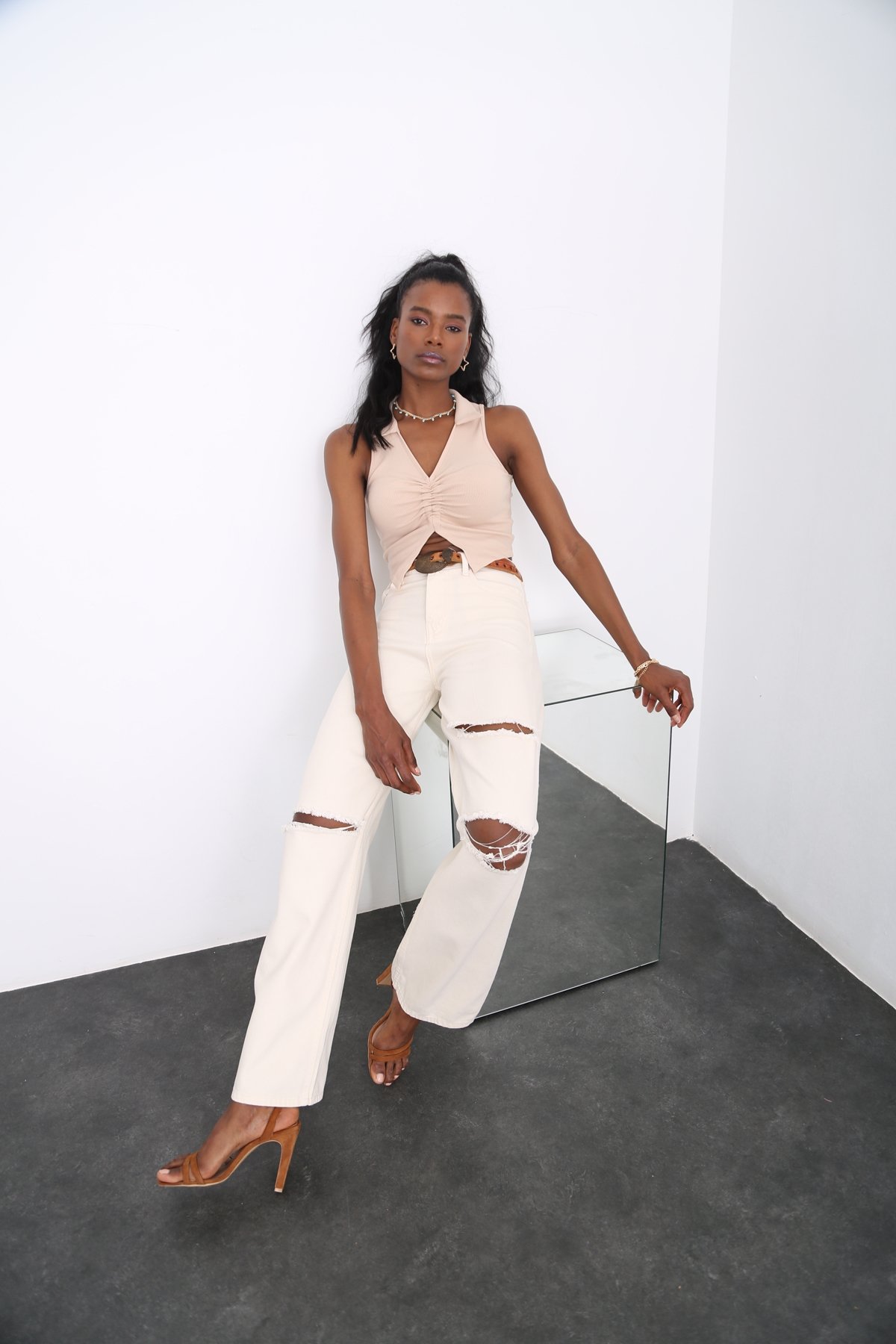 Kemik Yüksek Bel Yırtıklı Wide Leg Jean 72168