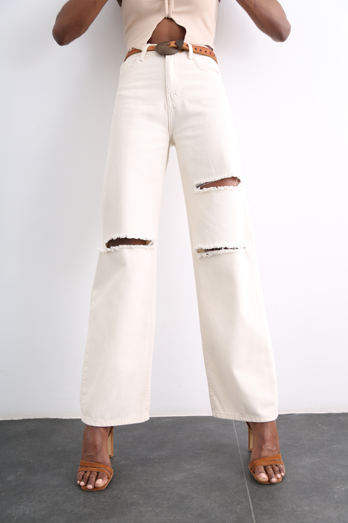 Kemik Yüksek Bel Yırtıklı Wide Leg Jean 72168
