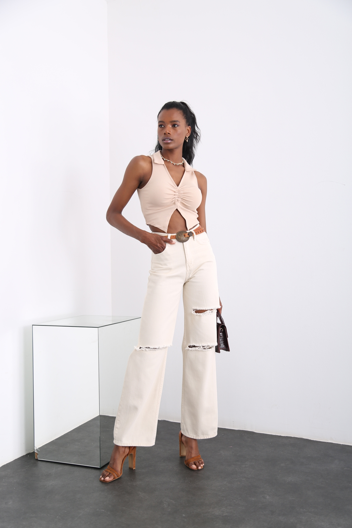 Kemik Yüksek Bel Yırtıklı Wide Leg Jean 72168