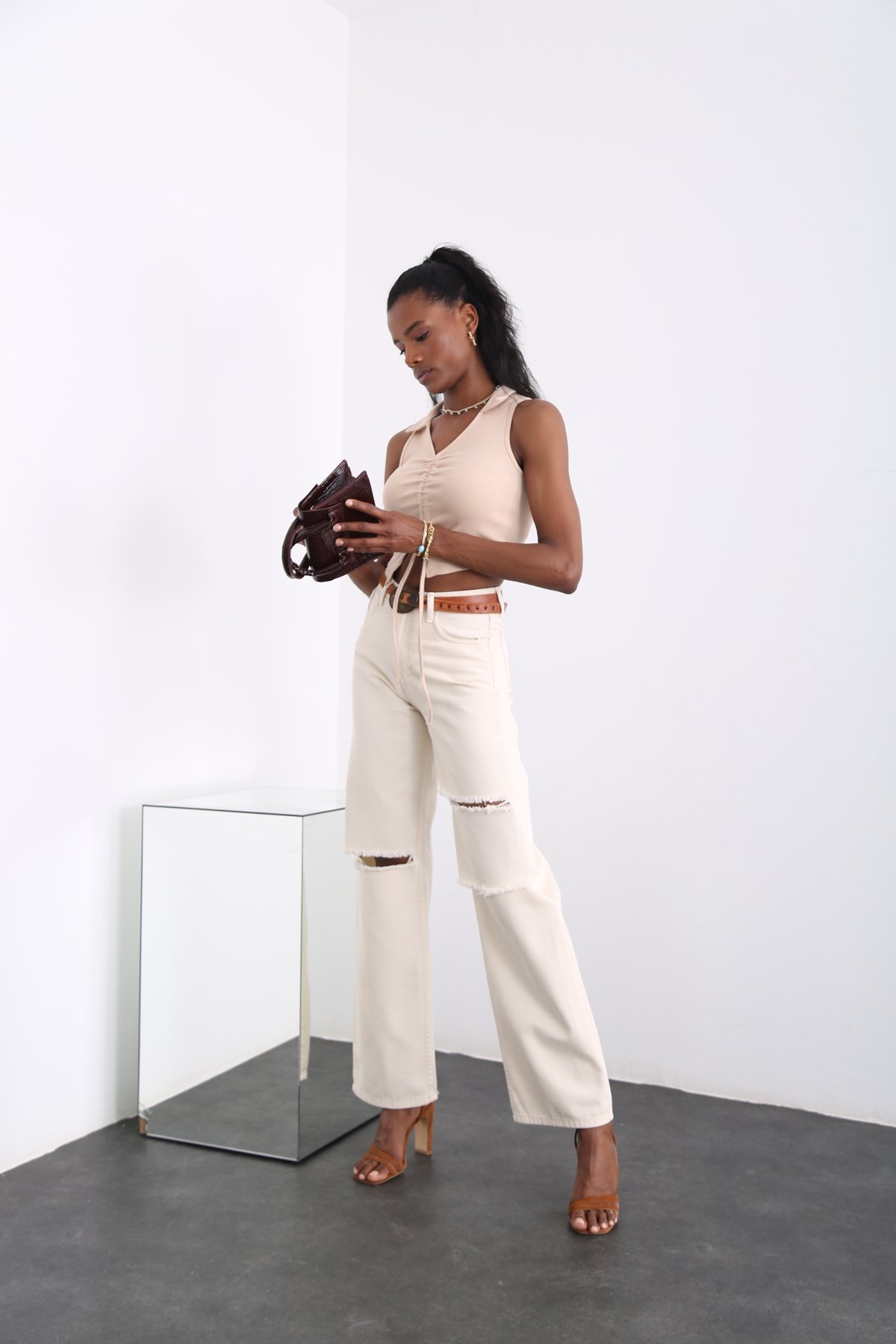 Kemik Yüksek Bel Yırtıklı Wide Leg Jean 72168