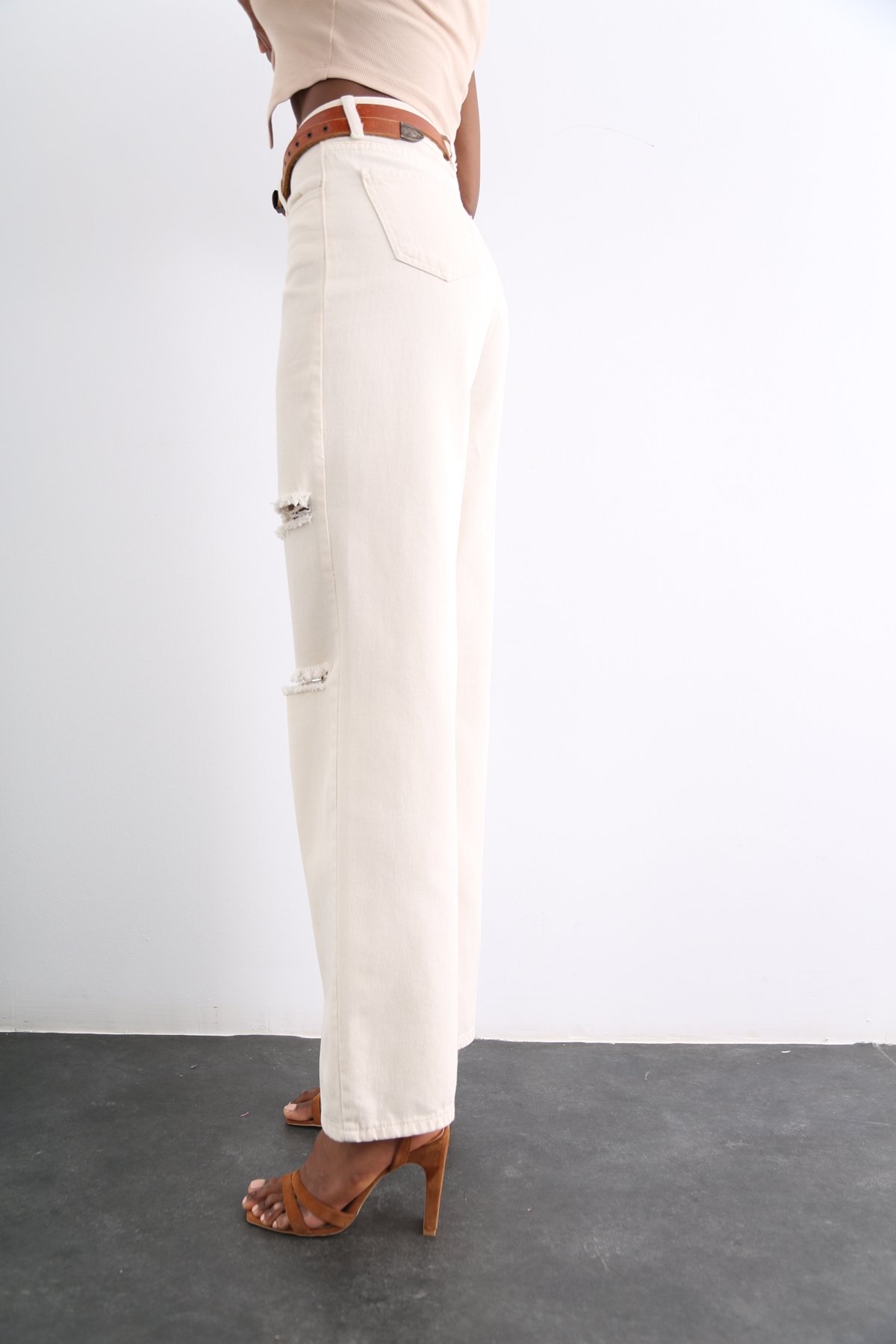 Kemik Yüksek Bel Yırtıklı Wide Leg Jean 72168