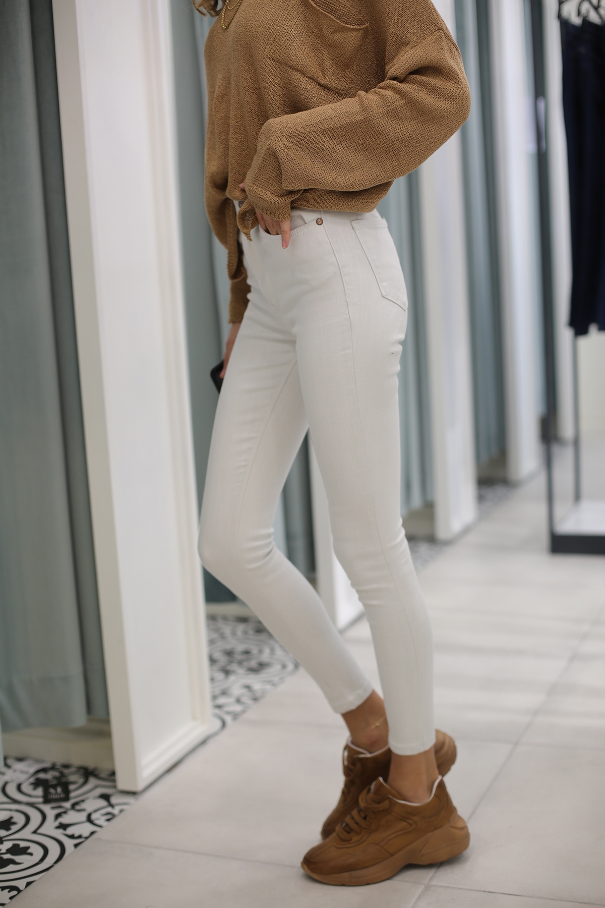 Kırık Beyaz Yüksek Bel Skinny Kot Pantolon