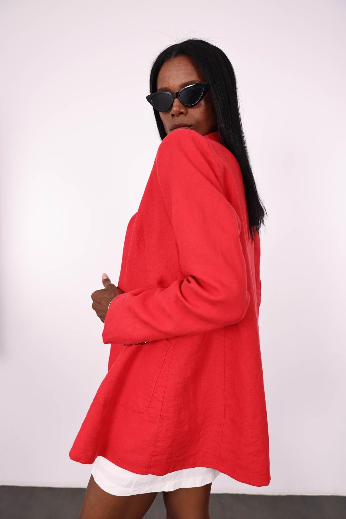 Kırmızı %100 Ham Keten Ceket 