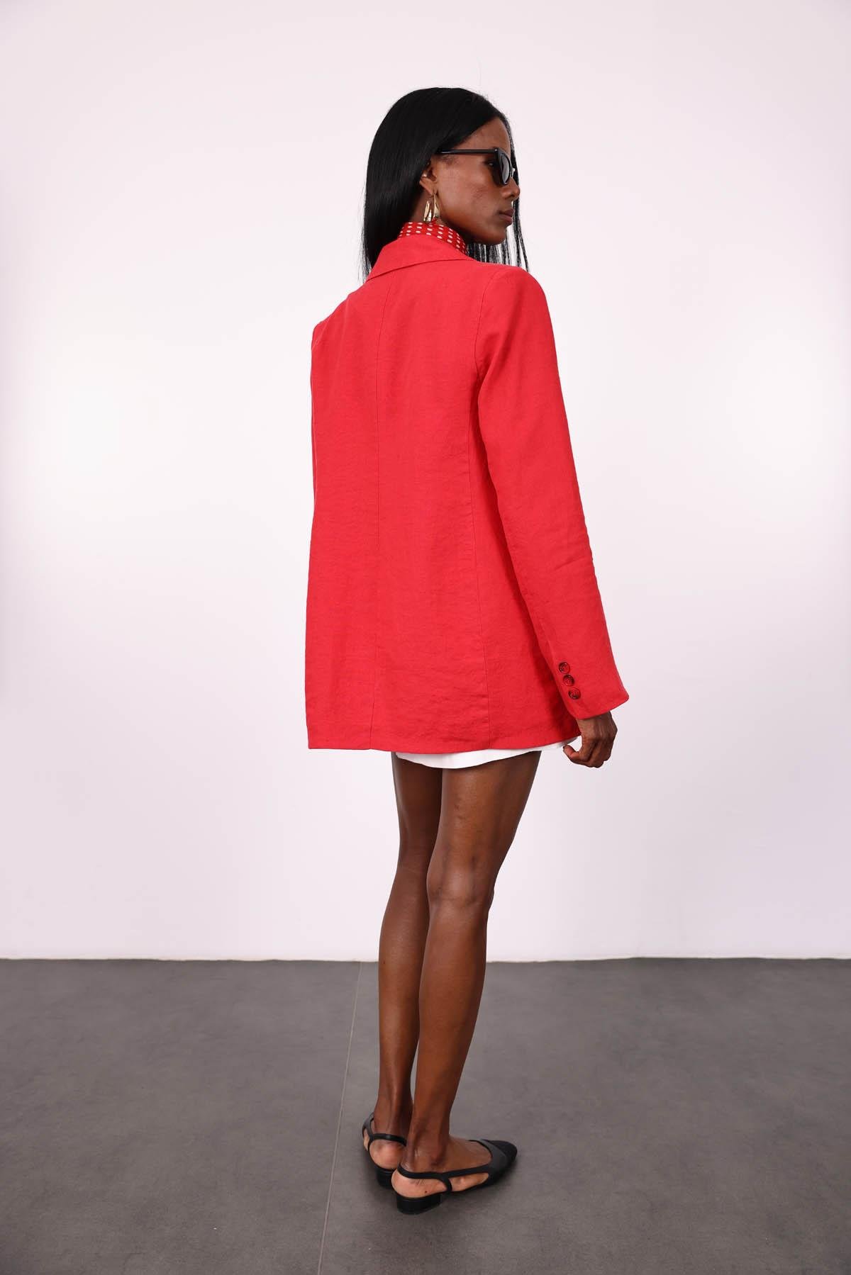 Kırmızı %100 Ham Keten Ceket 