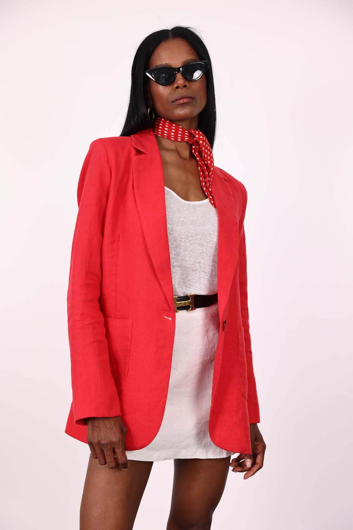 Kırmızı %100 Ham Keten Ceket 