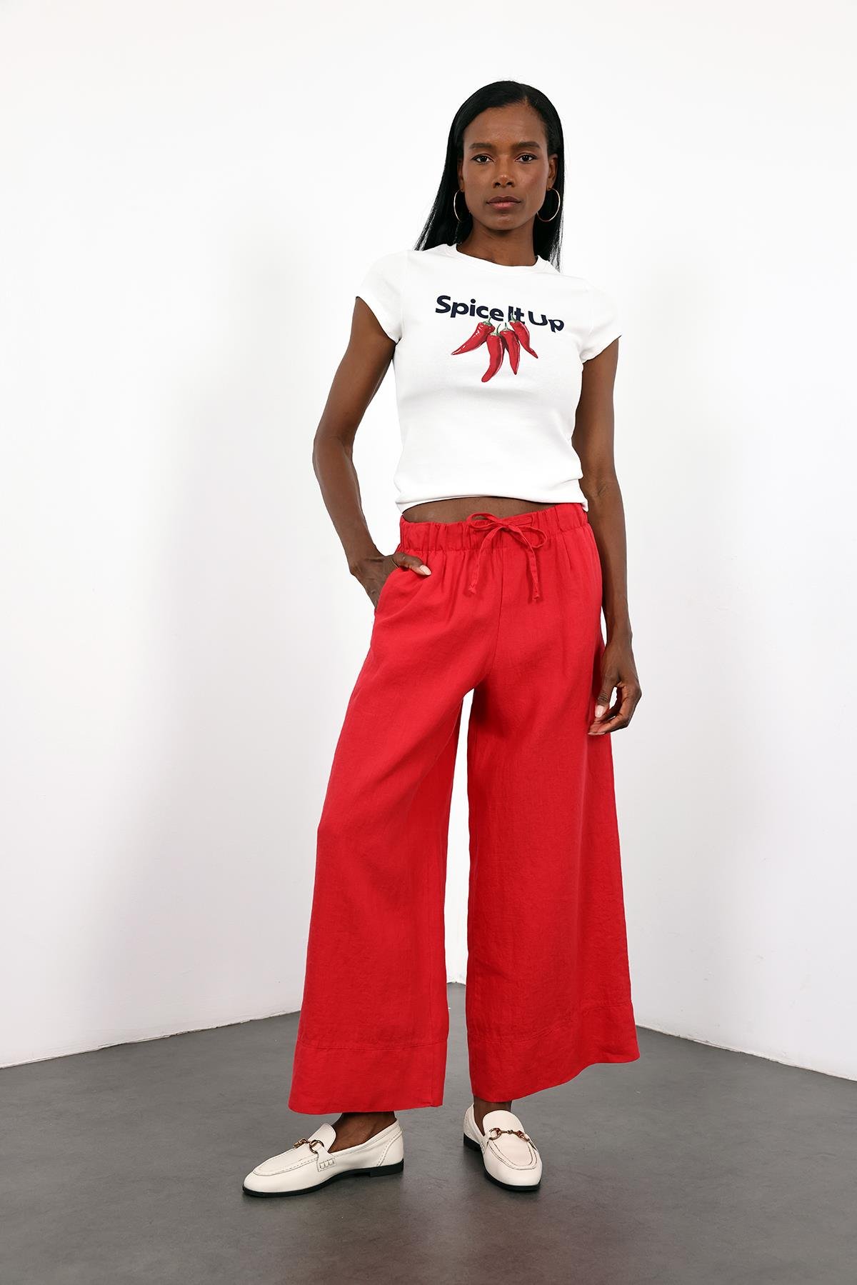 Kırmızı %100 Keten Beli Lastikli Pantolon 