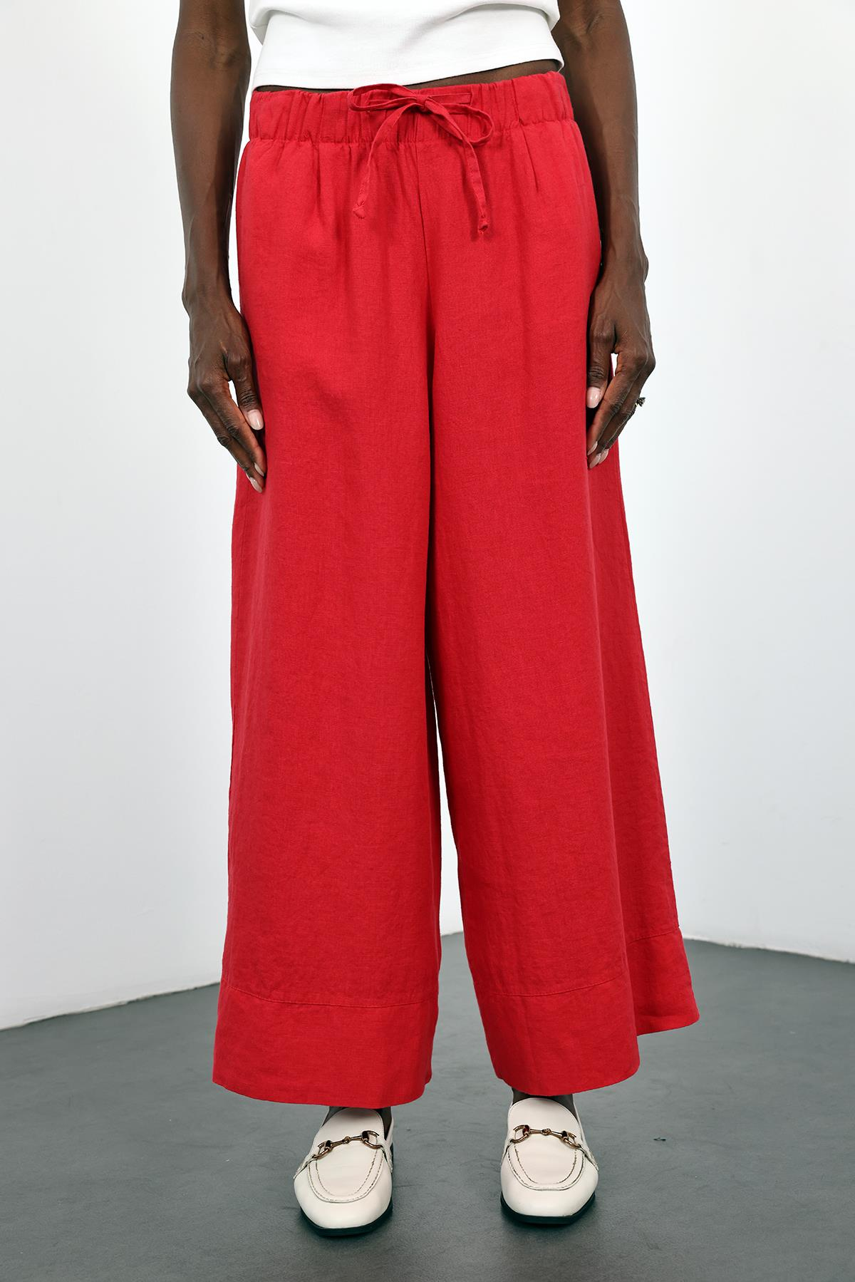 Kırmızı %100 Keten Beli Lastikli Pantolon 