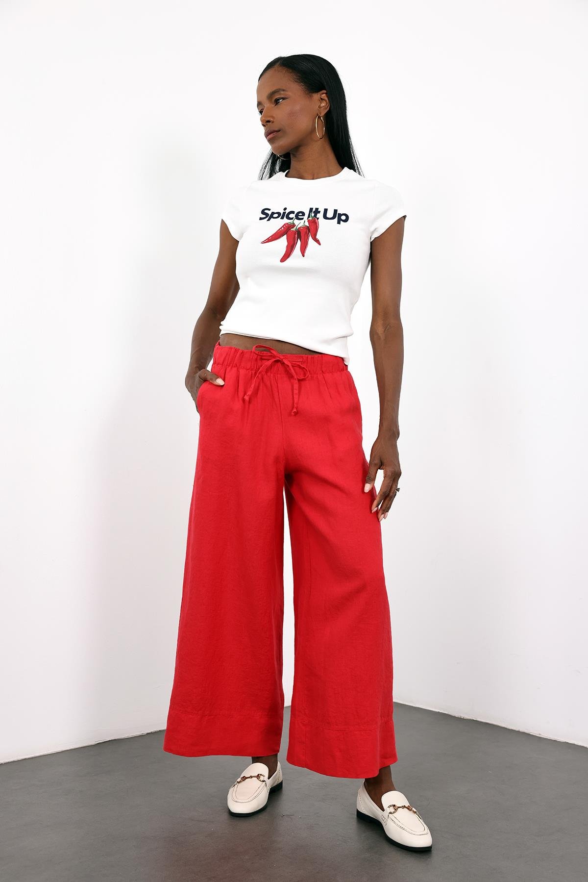 Kırmızı %100 Keten Beli Lastikli Pantolon 